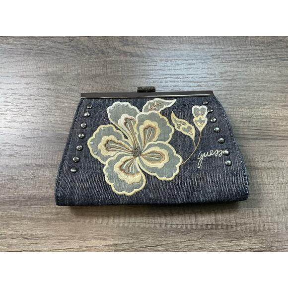 Vintage Guess Denim Clutch Bag Embroidered Floral Pattern Boho Chic Y2K - Picture 1 of 11